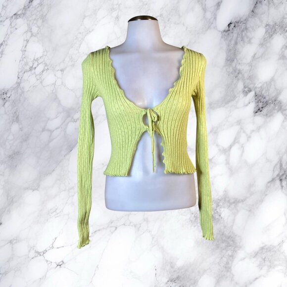 BDG URBAN OUTFITTERS Noori Lettuce Trim Tie Front Top In Lime - Picture 2 of 12